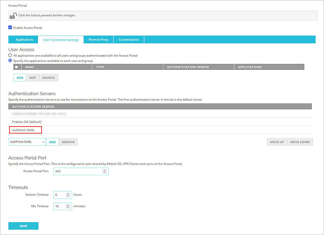 Screen shot of the firebox user access